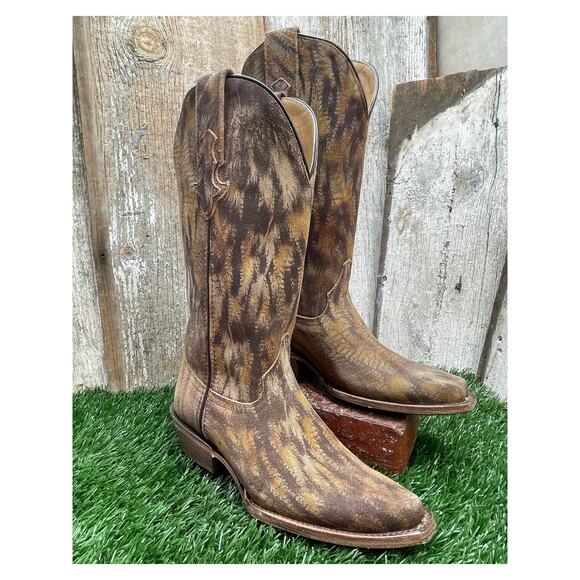 CoFi Leathers Cowboy Boots Snip Toe Pheasant Print Brushed Leather Women's 6.5 - Picture 1 of 10